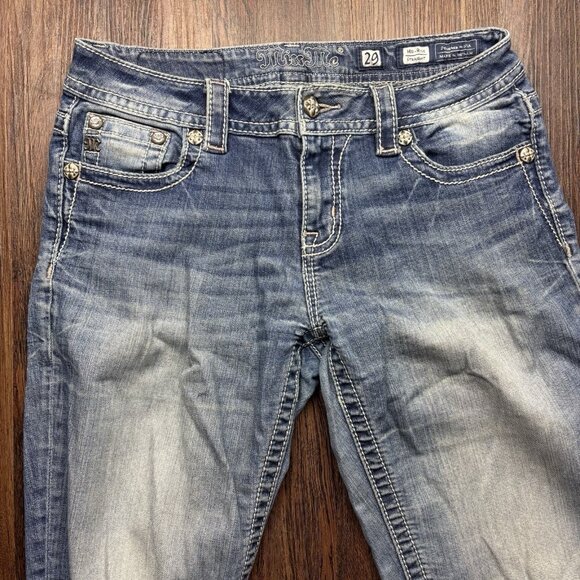 Miss Me MidRise Straight Jeans Rhinestone Destroyed Light Wash Women’s Size 29 - Picture 3 of 13